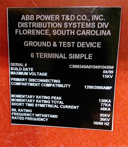 [040504] 1200/2000 Amp, ABB, GROUND & TEST, 15 KV, 1999, 6 TERMINAL SIMPLE, UNUSED:1