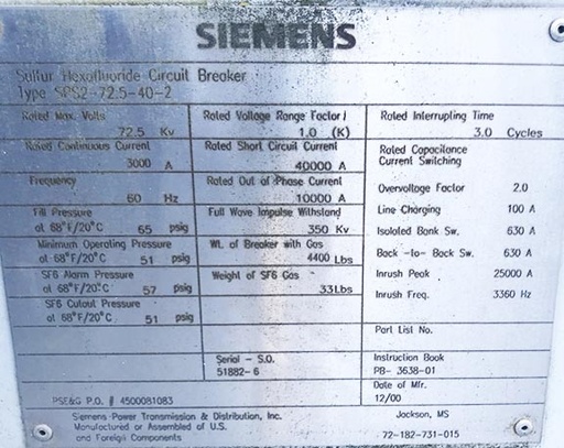 [041527] 3000 Amp, SIEMENS, SPS2-72.5-40-2, 72.5 KV, 2000, SPRING CHARGED MECHANISM