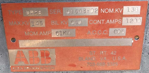 [041802] 1200 Amp, ABB, No. DRP8, 145000 V., CENTER BREAK WITH PEDISTAL;