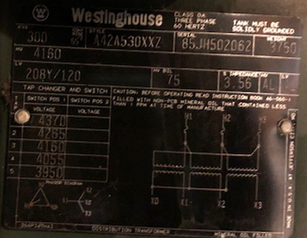 [041831] 300 KVA, Pri 4160 D, Sec 208Y/120, WESTINGHOUSE, DEAD FRONT/RADIAL FEED:1