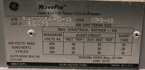 [041852] 800 Amp, GENERAL ELECTRIC, WPS-08, 480 V. MANUALLY OPERATED, DRAW-OUT:1