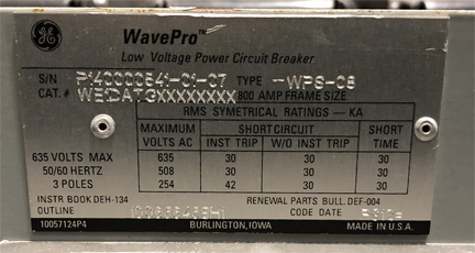 [041854] 800 Amp, GENERAL ELECTRIC, WPS-08, 480 V. MANUALLY OPERATED, DRAW-OUT:1