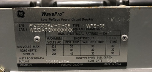 [041855] 800 Amp, GENERAL ELECTRIC, WPS-08, 480 V. MANUALLY OPERATED, DRAW-OUT:1