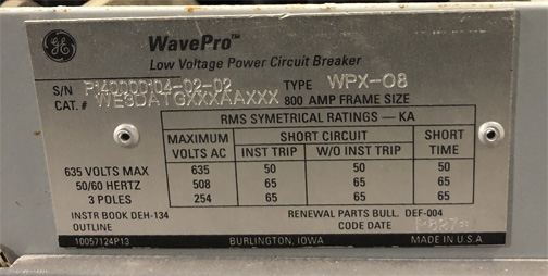 [041856] 800 Amp, GENERAL ELECTRIC, WPX-08, 480 V. MANUALLY OPERATED, DRAW-OUT:1