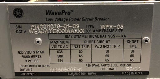 [041858] 800 Amp, GENERAL ELECTRIC, WPX-08, 480 V. MANUALLY OPERATED, DRAW-OUT:1