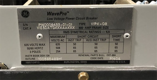 [041866] 800 Amp, GENERAL ELECTRIC, WPX-08, 480 V. MANUALLY OPERATED, DRAW-OUT:1