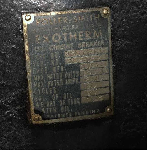 [041882] 600 Amp, ROLLER SMITH, 250TCR5, 15 KV, 1948, 125 VDC CLOSE & TRIP, EXOTHERM OIL: