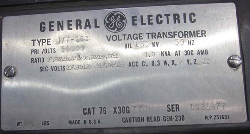 [041924] GE POTENTIAL TRANSFORMER, 20786/120 V, Sec. 207.86/120 V, 96.22/166.67 RATIO:3