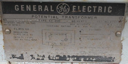 [041938] GENERAL ELECTRIC PT TYPE ET-200, CAT. 159X517, 34500 V, PRI, 115 V SEC:1