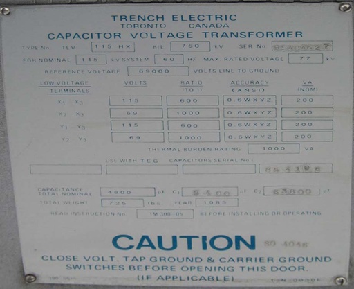 [041954] TRENCH CAPACITOR VOLTAGE TRANSFORMER, 115/69 KV - 115/69 V, 600/1000:1