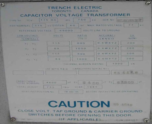 [041955] TRENCH CAPACITOR VOLTAGE TRANSFORMER, 115/69 KV - 115/69 V, 600/1000:1