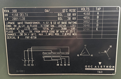 [042017] 300 KVA, Pri 4160 D, Sec 208Y/120, GEC ALSTHOM, LIVE FRONT, RADIAL FEED, R-TEMP