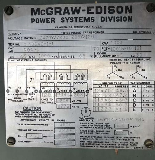 [042018] 1000 KVA, Pri. 12470Y/7200, Sec. 208Y/120, MCGRAW-EDISON, LIVE, RADIAL