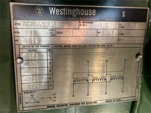 [042020] 300 KVA, Pri 4160 D, Sec 208Y/120, WESTINGHOUSE, DEAD FRONT, RADIAL FEED:1