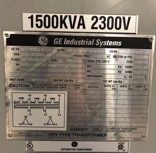 [042023] 1500/2000 KVA, Pri 4160 D, Sec 2300 D, GE, ALUMINUM, INDOOR