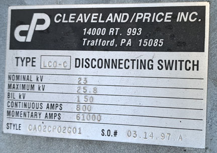 [042220] 800 Amp, CLEAVELAND/PRICE, No. LCO-C, 23000 V., HOOK-STICK CA02CP02G01