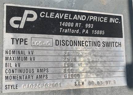 [042222] 800 Amp, CLEAVELAND/PRICE, No. LCO-C, 23000 V., HOOK-STICK CA02CP02G01