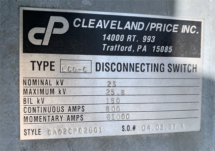 [042223] 800 Amp, CLEAVELAND/PRICE, No. LCO-C, 23000 V., HOOK-STICK CA02CP02G01