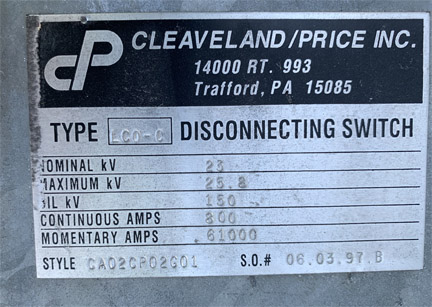 [042225] 800 Amp, CLEAVELAND/PRICE, No. LCO-C, 23000 V., HOOK-STICK CA02CP02G01