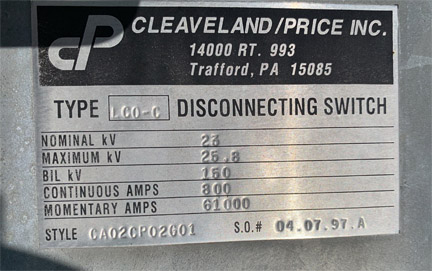[042226] 800 Amp, CLEAVELAND/PRICE, No. LCO-C, 23000 V., HOOK-STICK CA02CP02G01