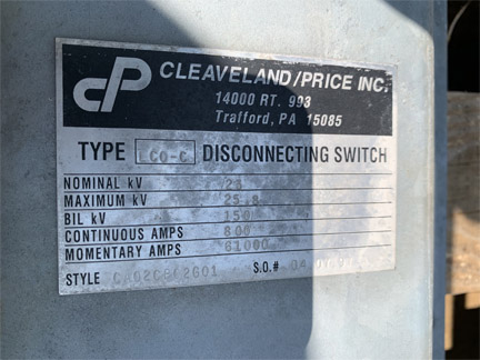 [042227] 800 Amp, CLEAVELAND/PRICE, No. LCO-C, 23000 V., HOOK-STICK CA02CP02G01