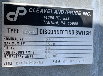 [042228] 800 Amp, CLEAVELAND/PRICE, No. LCO-C, 23000 V., HOOK-STICK CA02CP02G01
