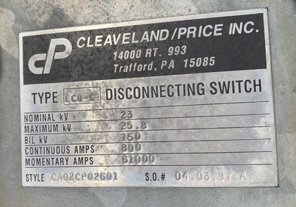 [042229] 800 Amp, CLEAVELAND/PRICE, No. LCO-C, 23000 V., HOOK-STICK CA02CP02G01