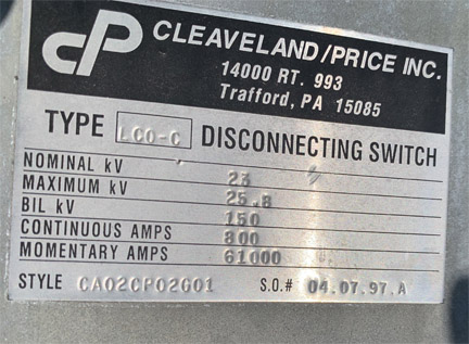 [042230] 800 Amp, CLEAVELAND/PRICE, No. LCO-C, 23000 V., HOOK-STICK CA02CP02G01