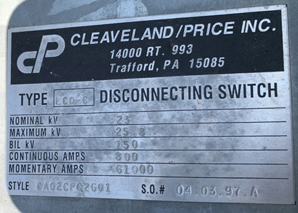 [042231] 800 Amp, CLEAVELAND/PRICE, No. LCO-C, 23000 V., HOOK-STICK CA02CP02G01