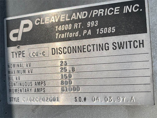 [042233] 800 Amp, CLEAVELAND/PRICE, No. LCO-C, 23000 V., HOOK-STICK CA02CP02G01