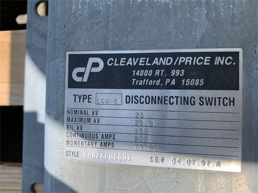 [042234] 800 Amp, CLEAVELAND/PRICE, No. LCO-C, 23000 V., HOOK-STICK CA02CP02G01