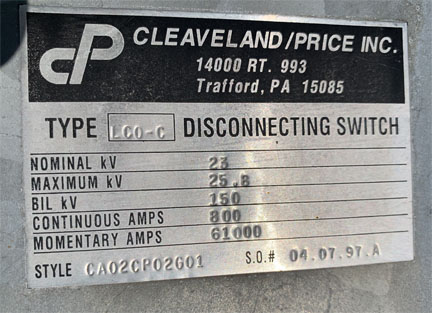 [042235] 800 Amp, CLEAVELAND/PRICE, No. LCO-C, 23000 V., HOOK-STICK CA02CP02G01