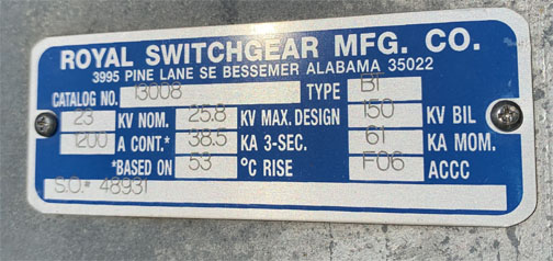 [042241] 1200 Amp, ROYAL, No. BT, 23000 V., CAT. #13008, HOOK STICK DISCONNECT SWITCH:1