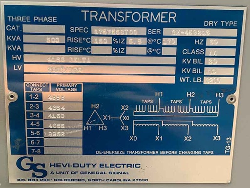 [042250] 500 KVA, Pri 4160 D, Sec 208Y/120, HEVI-DUTY, OUTDOOR:1