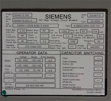 [042333] 1200 Amp, SIEMENS, 5-GMSG-0040-1200-104, 4760 V., 2009, 125 VDC CONTROLS, D/O