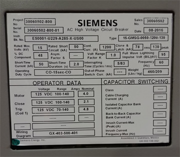 [042334] 1200 Amp, SIEMENS, 15-GMSG-0050-1200-130, 15 KV., 2010, 125 VDC CONTROLS, D/O
