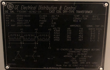[042559] 2500/3333 KVA, Pri 4160 D, Sec 480Y/277, 1997, GE, COPPER, CAST COIL, INDOOR:1