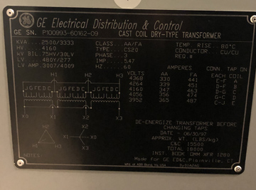 [042560] 2500/3333 KVA, Pri 4160 D, Sec 480Y/277, 1997, GE, CAST COIL, COPPER, INDOOR:1