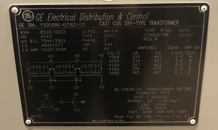 [042562] 2500/3333 KVA, Pri 4160 D, Sec 480Y/277, 1997, GE, CAST COIL, COPPER, INDOOR:1
