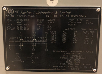 [042563] 2500/3333 KVA, Pri 4160 D, Sec 480Y/277, 1997, GE, CAST COIL, COPPER, INDOOR:1