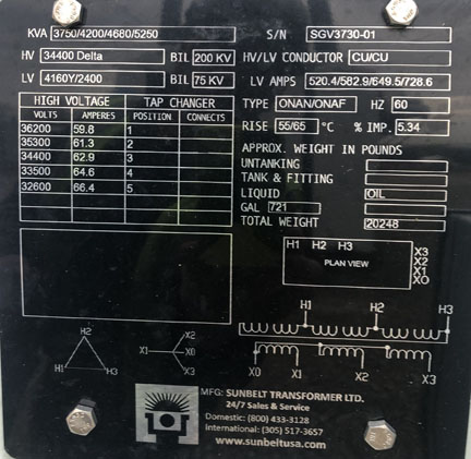 [042674] 3750/4200/4680/5250 KVA, Pri 34400 D, Sec 4160Y/2400, SUNBELT, CU WINDINGS;