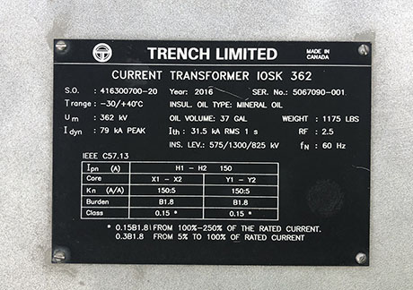 [042811] 362000 V, TRENCH LIMITED CURRENT TRANSFORMERS, TYPE IOSK362, 150:5