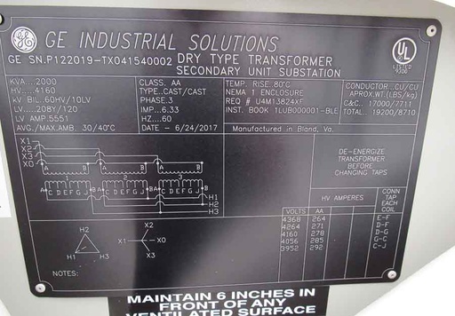[043950] 2000 KVA, Pri 4160 D, Sec 208Y/120, GE, CAST COIL, INDOOR ENCLOSURE, UNUSED
