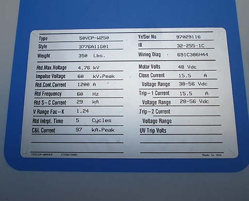 [043967] 1200 Amp, WESTINGHOUSE, 50VCPW-250, 4.76 KV, 48 VDC CLOSE & TRIP, E/O, D/O:1