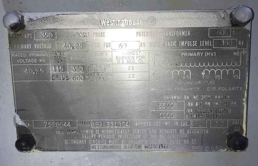 [044491] 40250 V PRI, Sec. 115/67.08 V, WESTINGHOUSE PT, APT-350, 69 KV:3