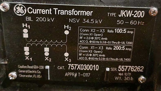 [044513] GENERAL ELECTRIC CT, 34500 V, 200/100:5, TYPE JKW-200, 757X030010