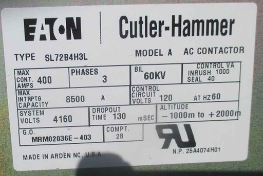 [044657] 600 HP, 400 AMP, EATON/CUTLER-HAMMER, 2000KVA CONTACTOR