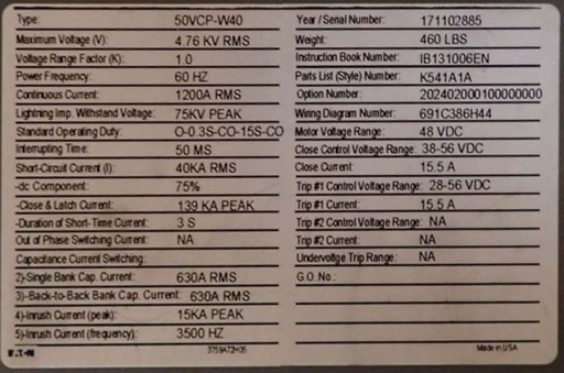 [044841] 1200 Amp, EATON, 50VCP-W40, 4760 V., CIRCUIT BREAKER DRAWER, NEW
