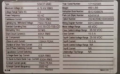 [044842] 1200 Amp, EATON, 50VCP-W40, 4760 V., CIRCUIT BREAKER DRAWER, NEW
