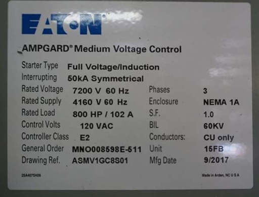 [044884] 400 HP EATON AMPGARD SL72 7200V INDOOR STARTER- FULL VOLTAGE/INDUCTION